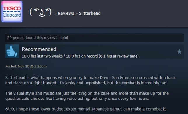 Screenshot showing a Steam user review of Slitterhead.